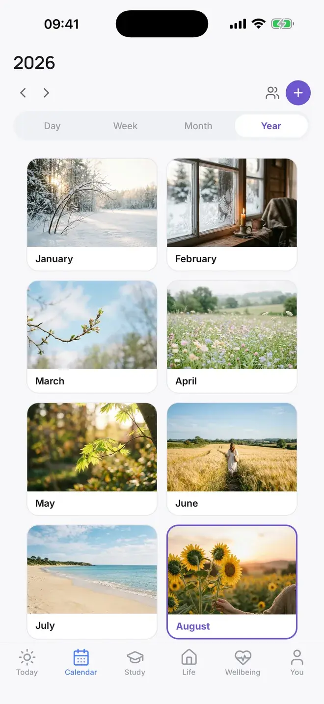 The year view with a photo cover for each month
